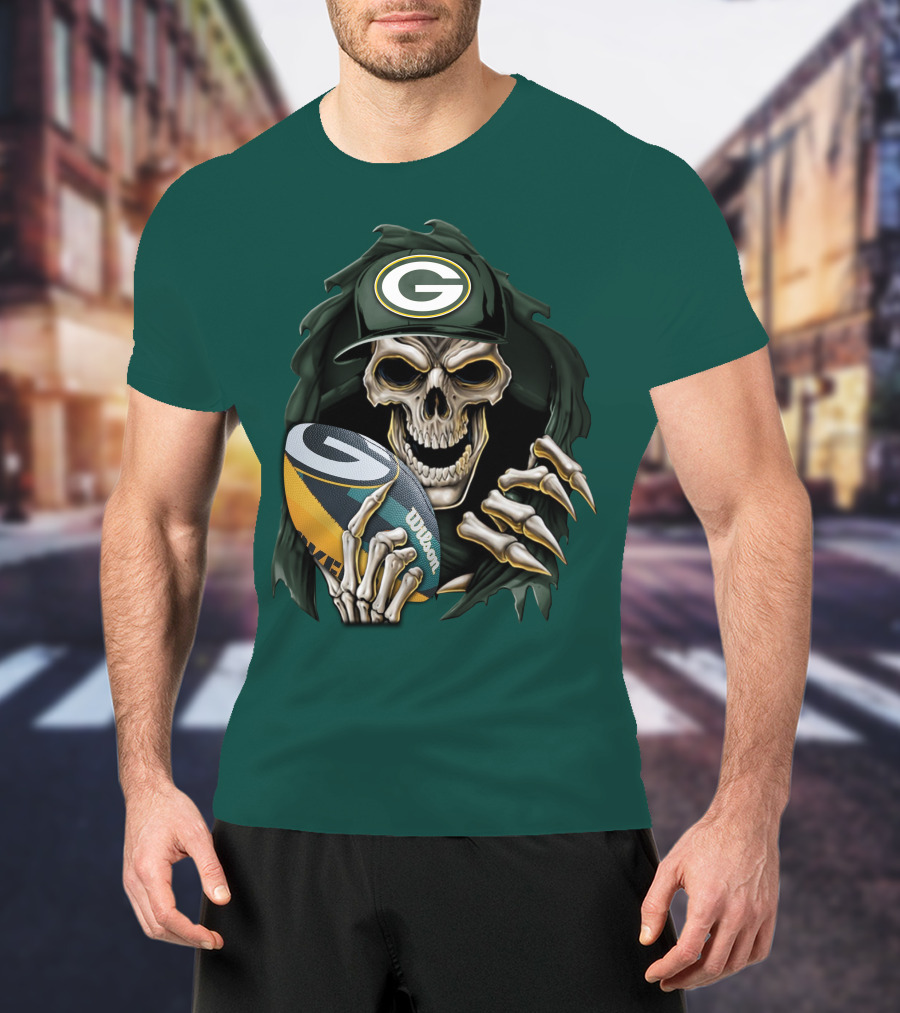 Skull With Green Bay Packers Cap Holding Football On Dark Green T-Shirt