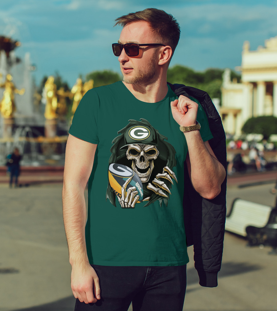 Skull With Green Bay Packers Cap Holding Football On Dark Green T-Shirt