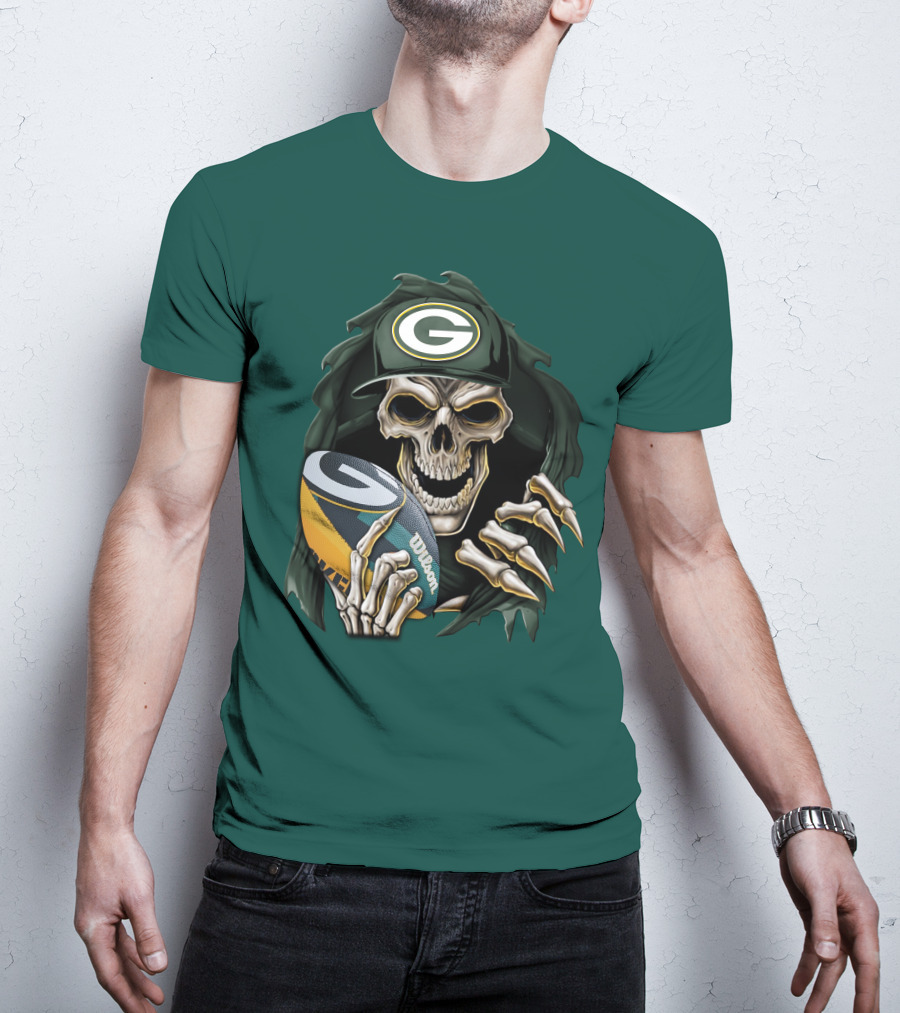 Skull With Green Bay Packers Cap Holding Football On Dark Green T-Shirt