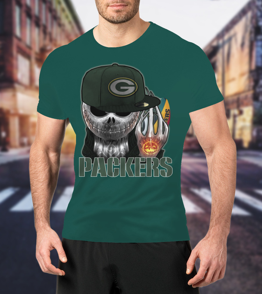 Jackskull Green Bay Packers Halloween Theme Packers Fan Skull T-Shirt