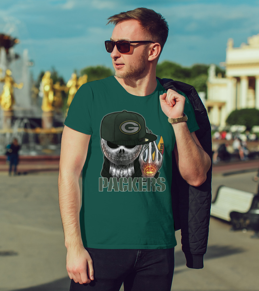 Jackskull Green Bay Packers Halloween Theme Packers Fan Skull T-Shirt