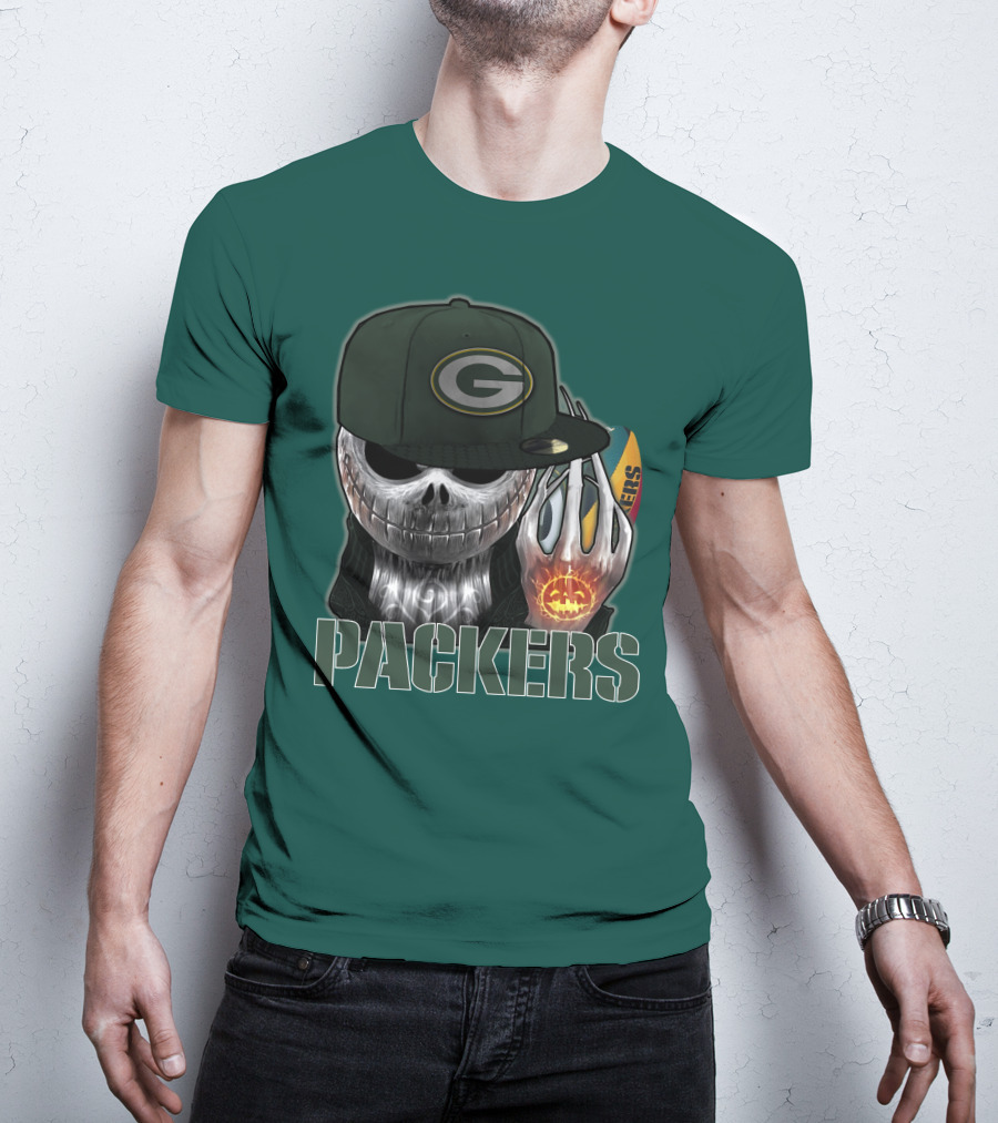 Jackskull Green Bay Packers Halloween Theme Packers Fan Skull T-Shirt