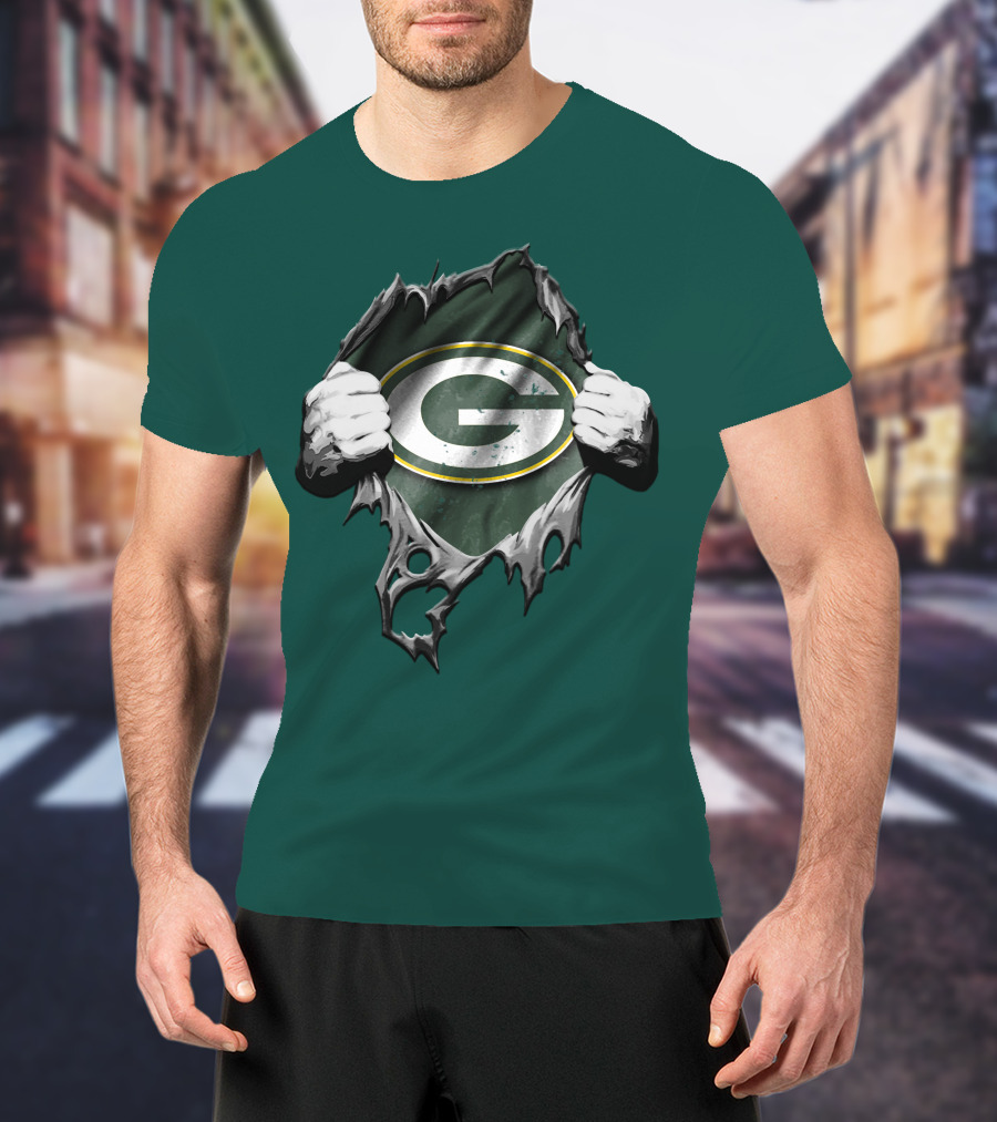 Torn Green Bay Packers Logo With Hands On Green Background T-Shirt