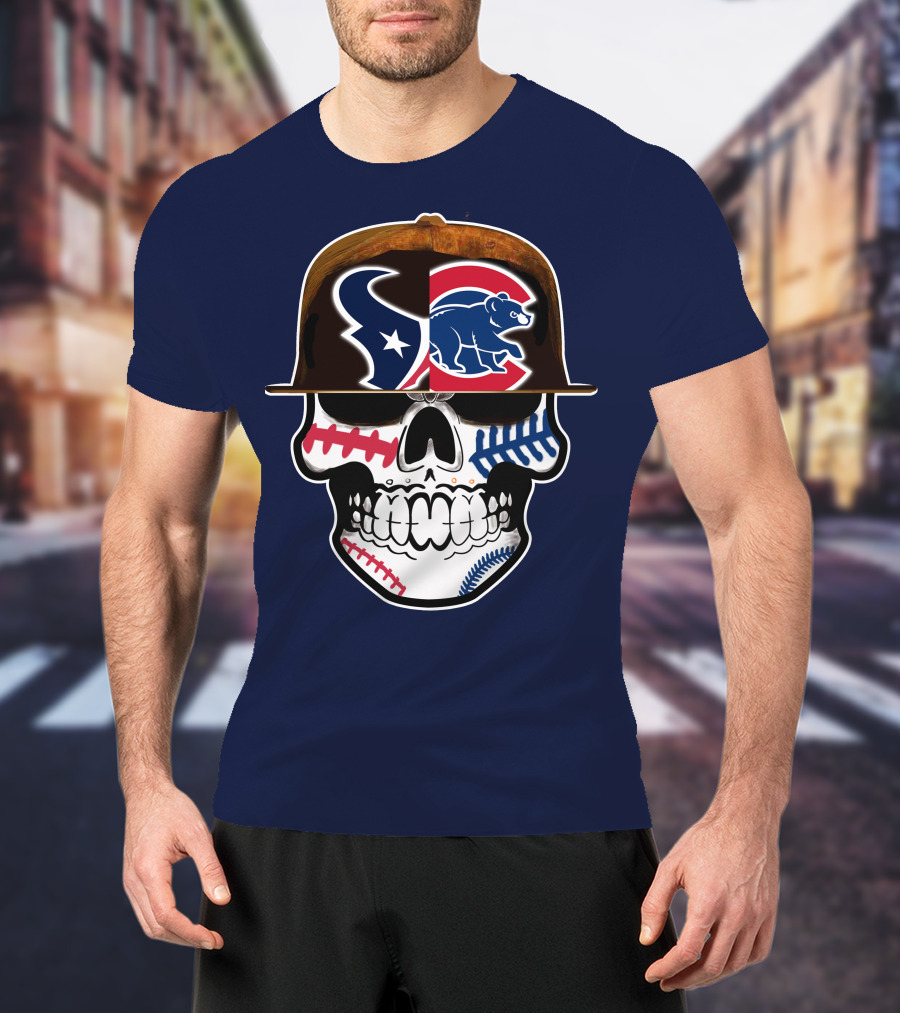 Houston Texans Chicago Cubs Skull Baseball Football Fusion T-Shirt