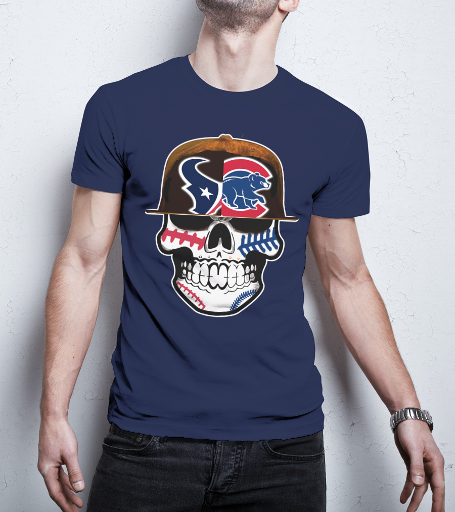 Houston Texans Chicago Cubs Skull Baseball Football Fusion T-Shirt
