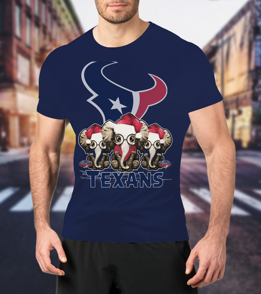 Elephants In Christmas Hats With Houston Texans T-Shirt