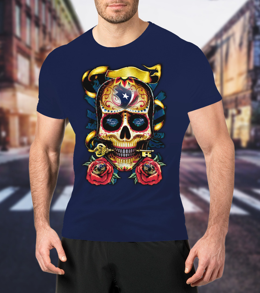 Houston Texans Skull Design With Roses And Key T-Shirt