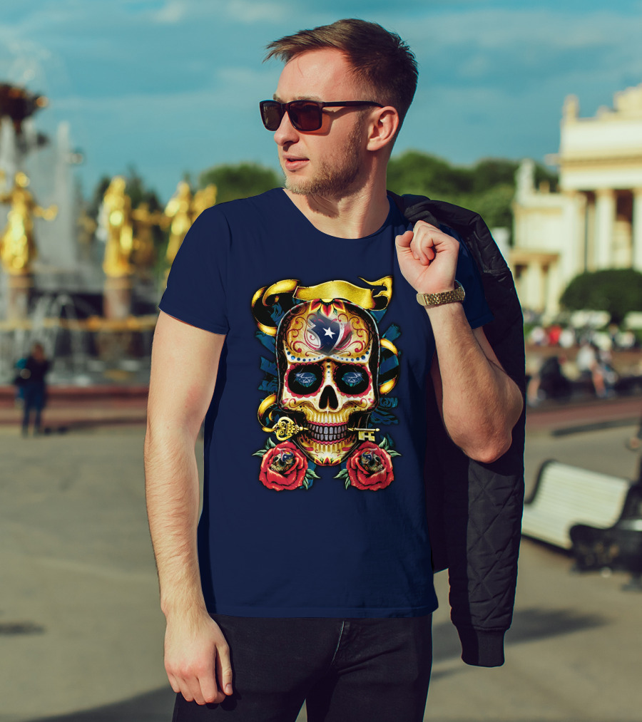 Houston Texans Skull Design With Roses And Key T-Shirt