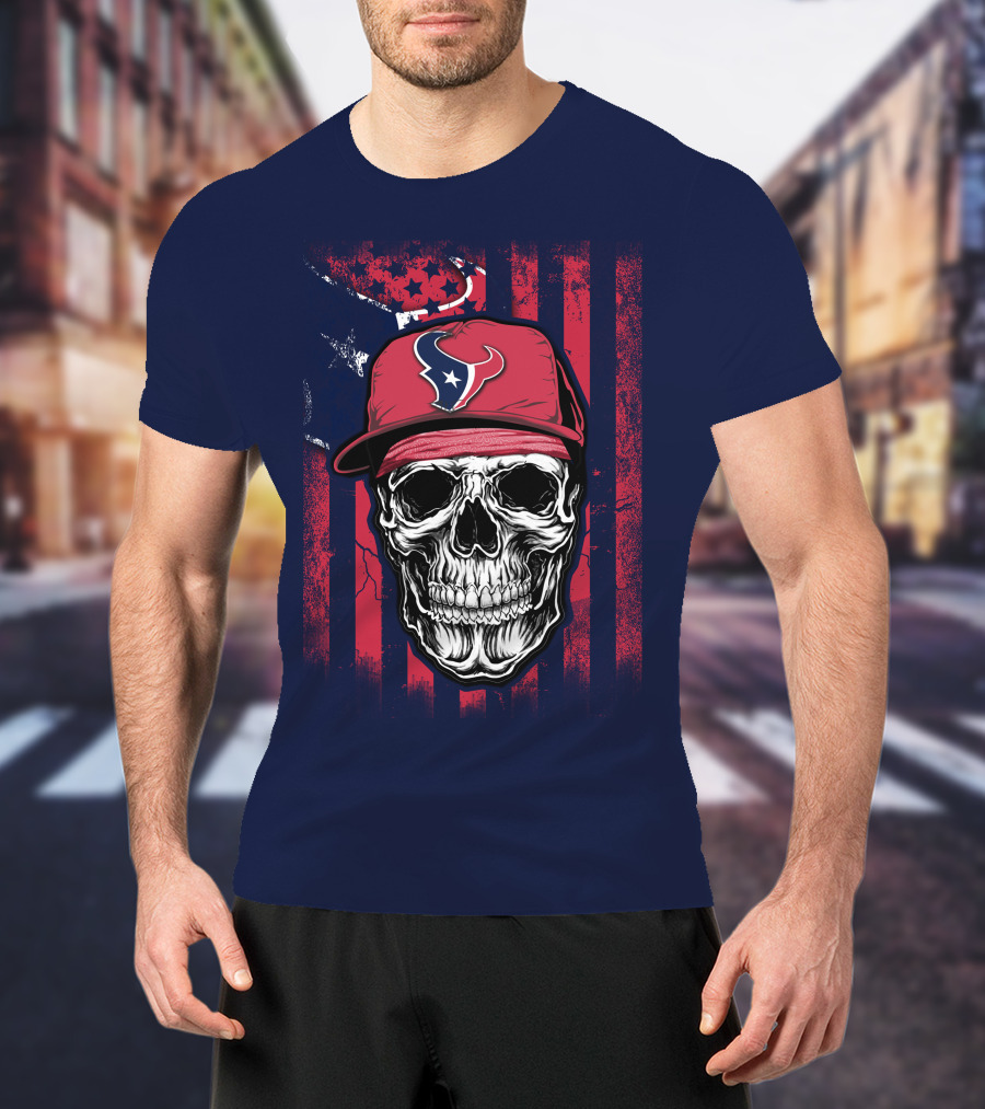 Skull In Houston Texans Hat With American Flag Background T-Shirt