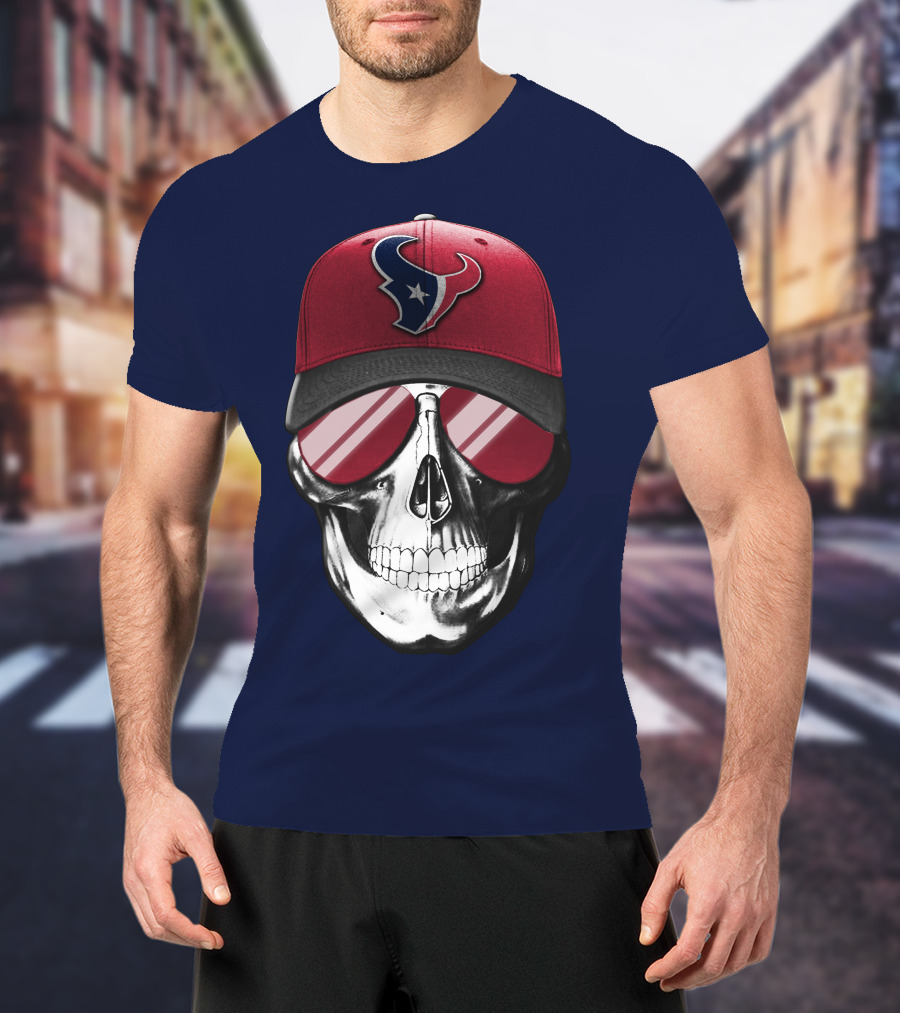 Skull With Houston Texans Logo Hat And Reflective Sunglasses T-Shirt