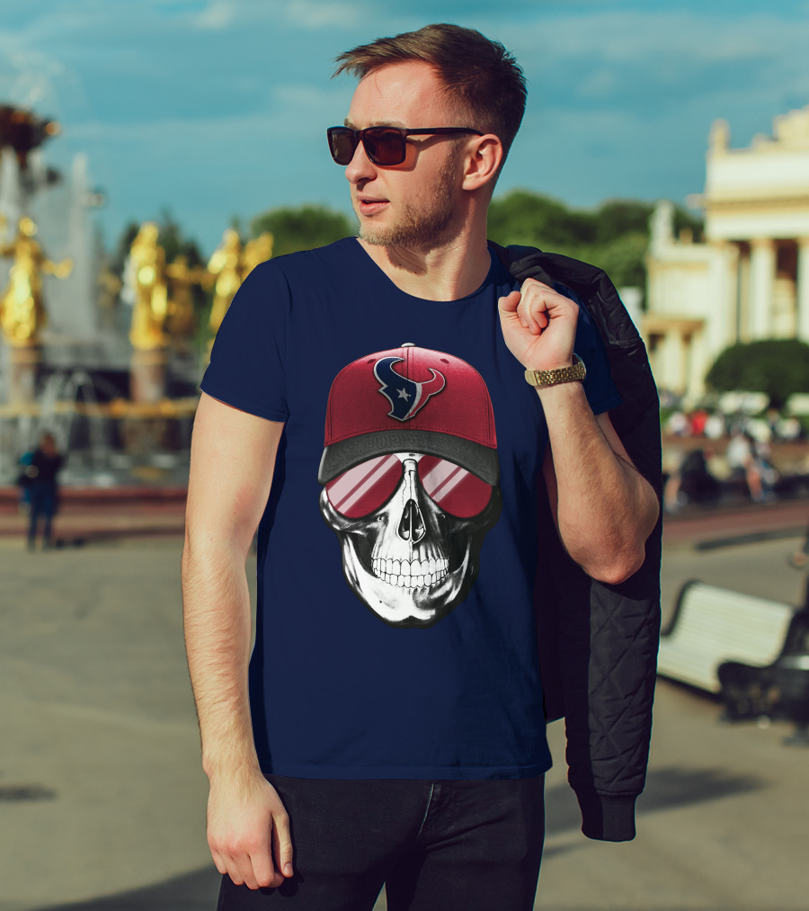 Skull With Houston Texans Logo Hat And Reflective Sunglasses T-Shirt