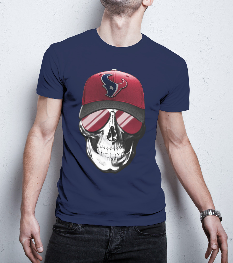 Skull With Houston Texans Logo Hat And Reflective Sunglasses T-Shirt