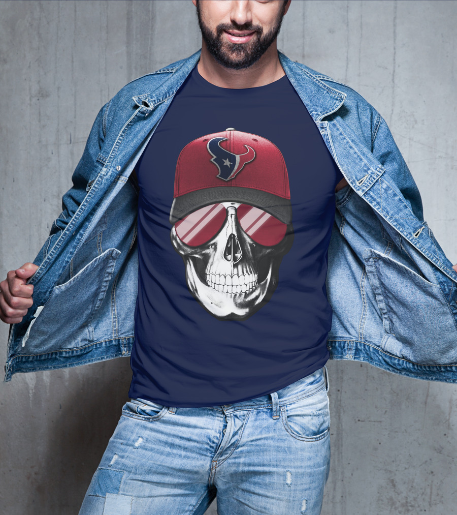 Skull With Houston Texans Logo Hat And Reflective Sunglasses T-Shirt