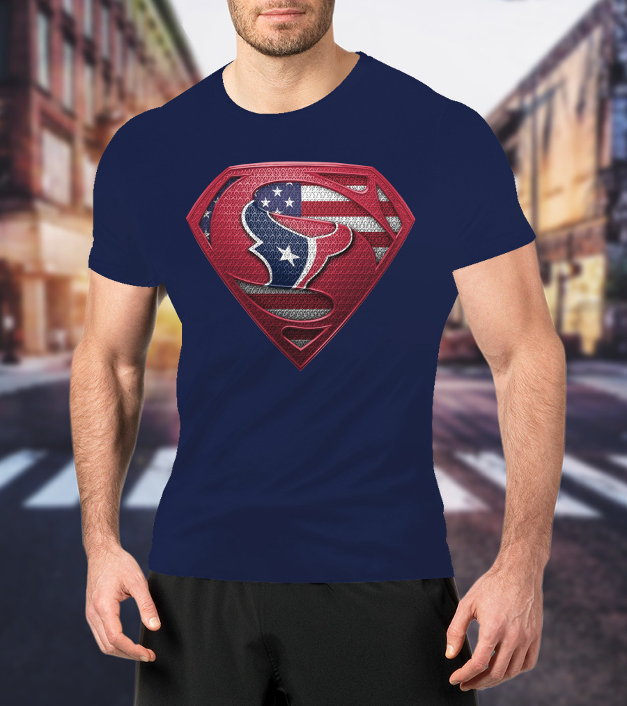 Spm Houston Texans Superman Shield American Flag T-Shirt