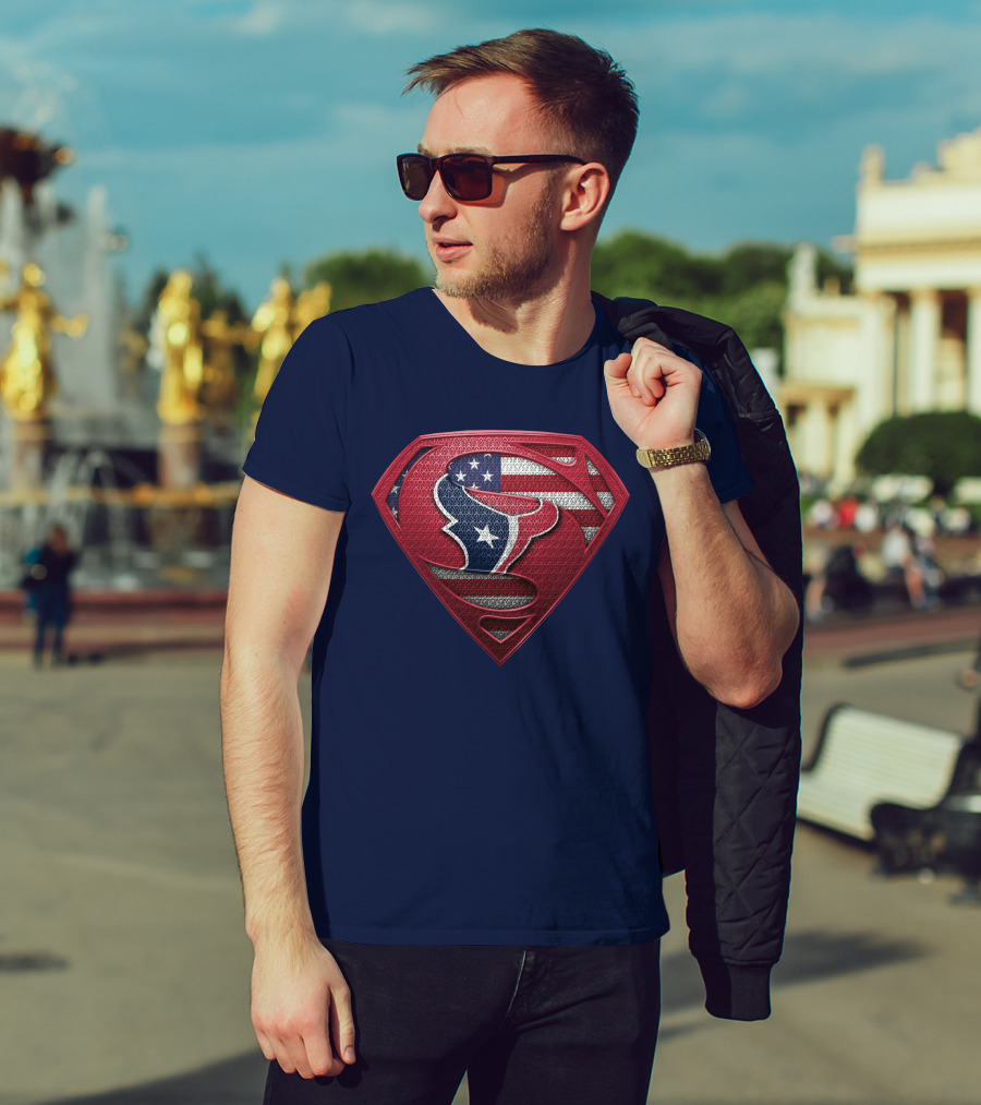 Spm Houston Texans Superman Shield American Flag T-Shirt