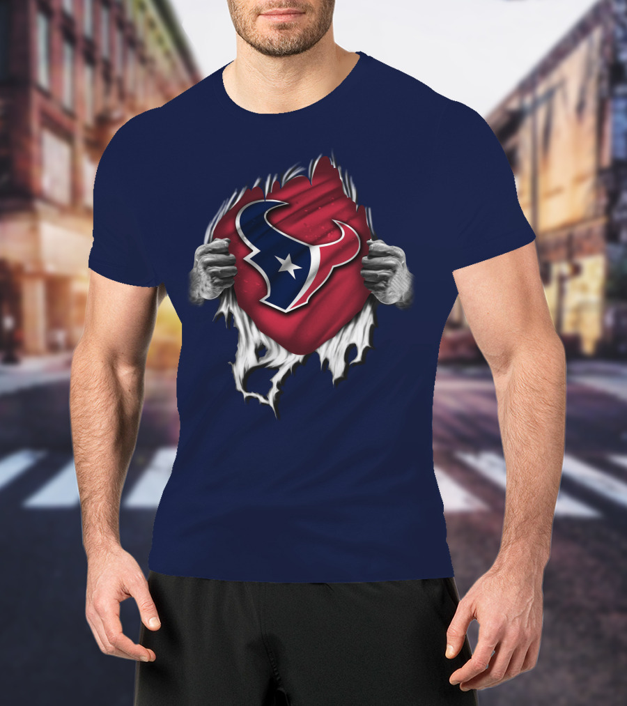 Torn Houston Texans Emblem Revealed Through Superhero Rip Effect T-Shirt