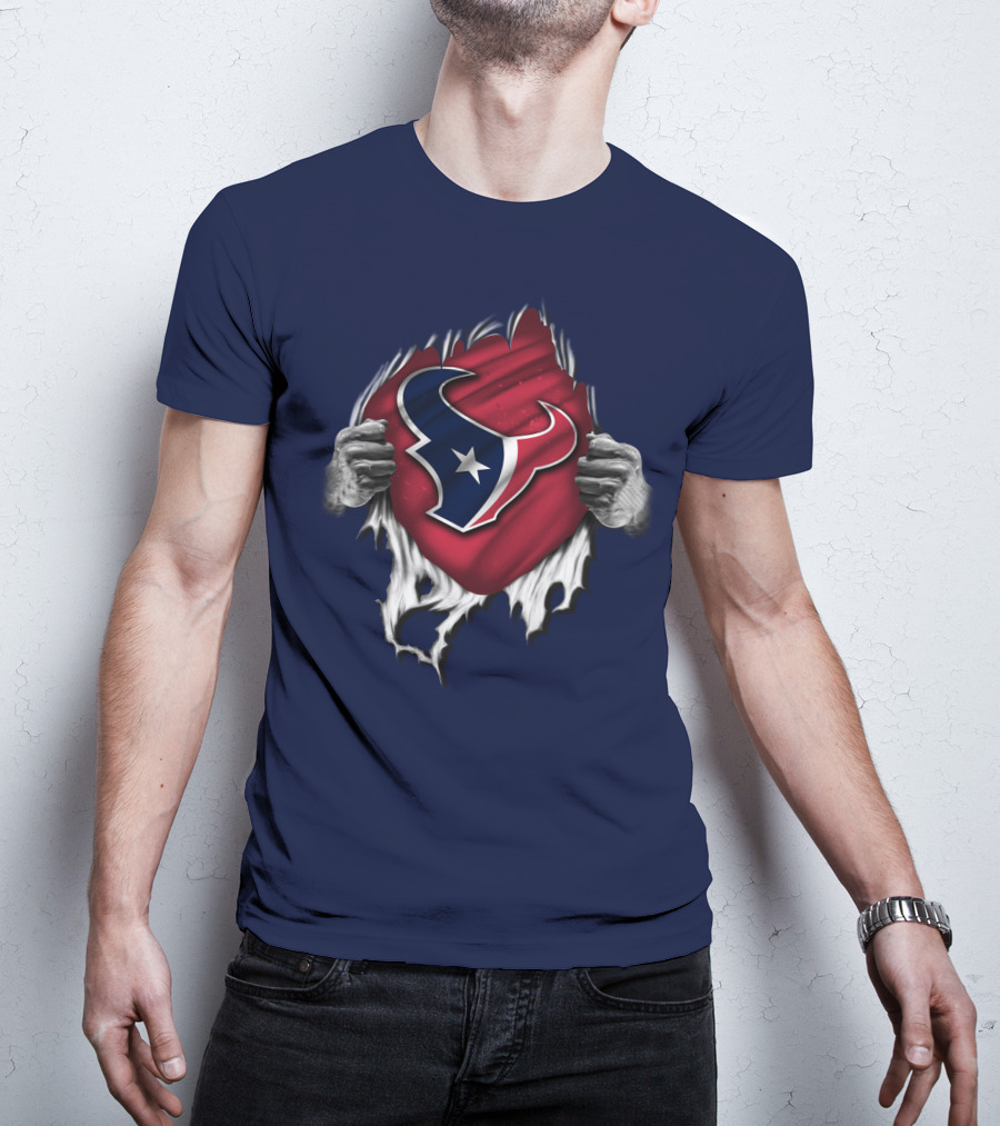 Torn Houston Texans Emblem Revealed Through Superhero Rip Effect T-Shirt