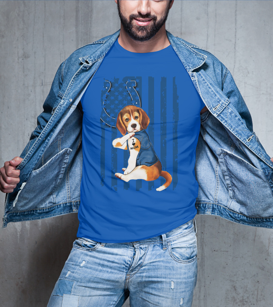 Beagle Wearing I Love Mom Indianapolis Colts Shirt With Horseshoe T-Shirt