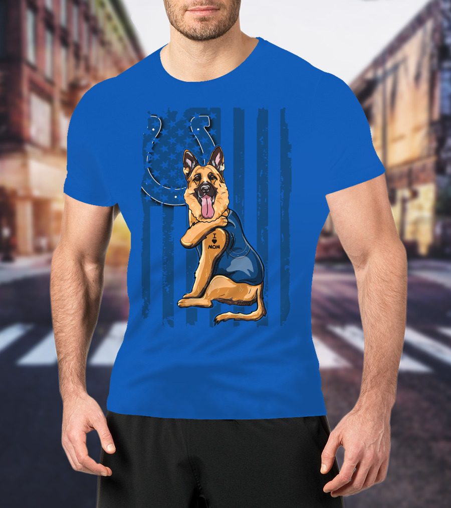 German Shepherd I Love Mom Indianapolis Colts American Flag T-Shirt