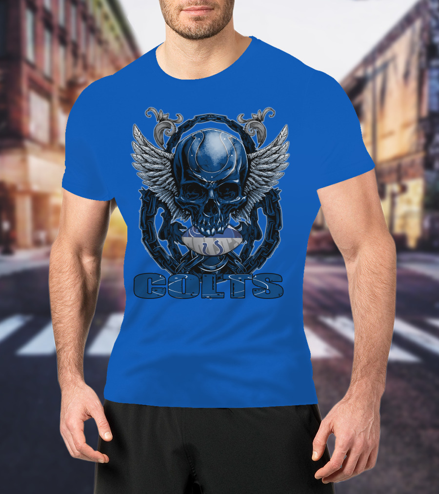 Colts Skullfb Winged Blue Skull Design For Indianapolis Colts Fans T-Shirt