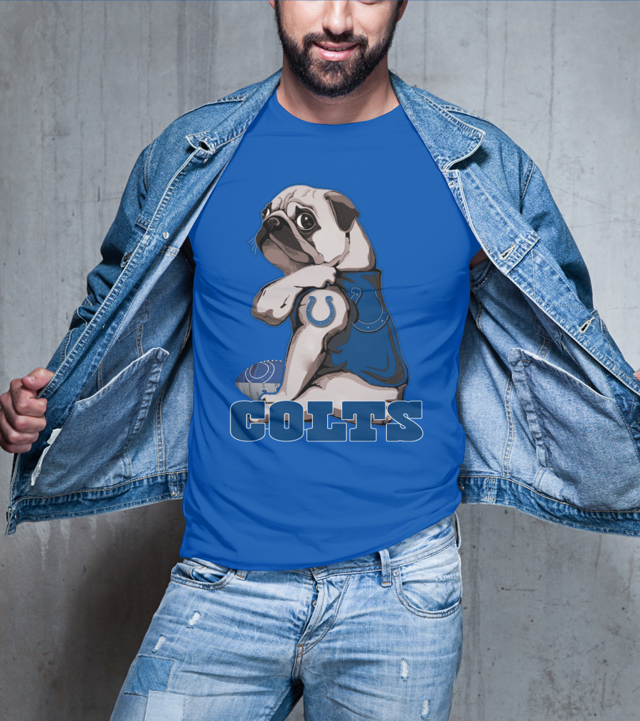 Pug Colts Fan With Blue Football Gear T-Shirt