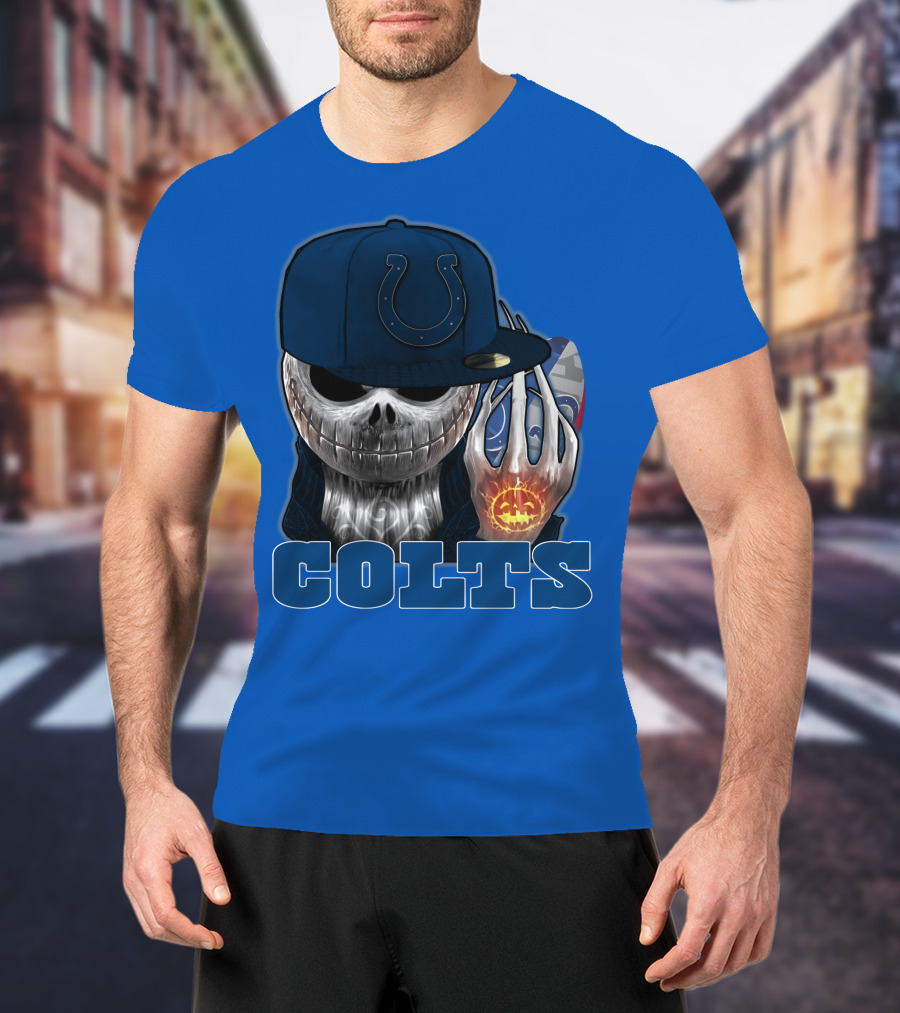 Colts Halloween Skull With Indianapolis Blue And Jack O'lantern Hand T-Shirt