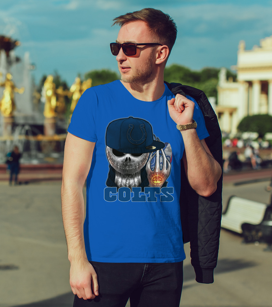 Colts Halloween Skull With Indianapolis Blue And Jack O'lantern Hand T-Shirt