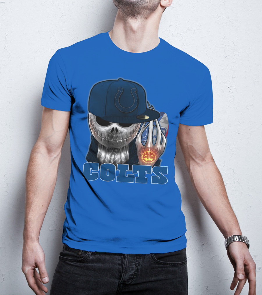 Colts Halloween Skull With Indianapolis Blue And Jack O'lantern Hand T-Shirt