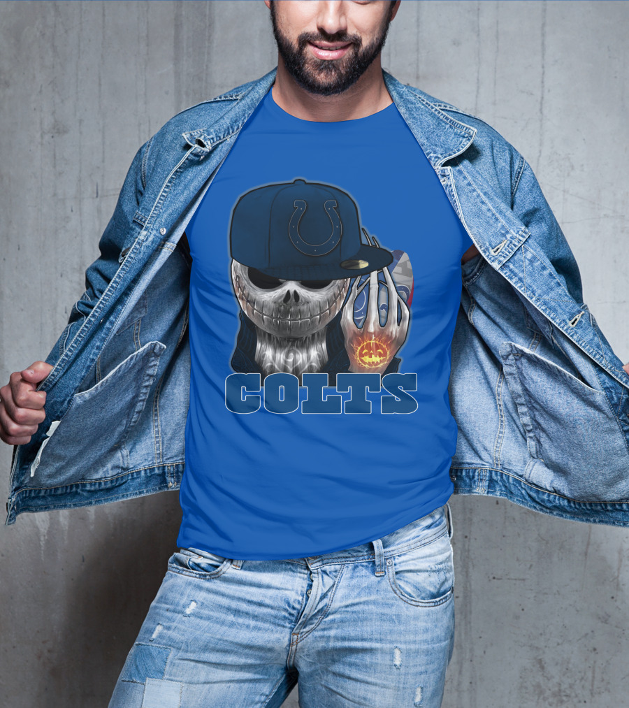Colts Halloween Skull With Indianapolis Blue And Jack O'lantern Hand T-Shirt