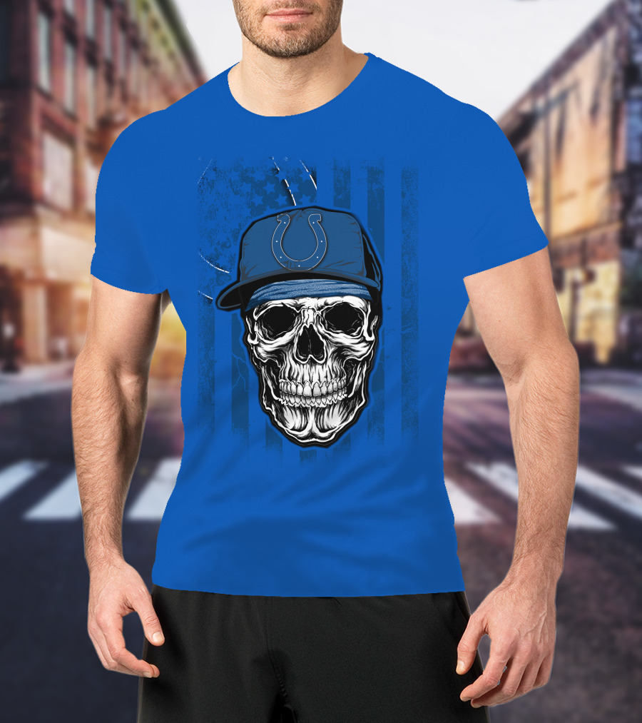 Skull Indianapolis Colts Blue Cap American Flag Background T-Shirt