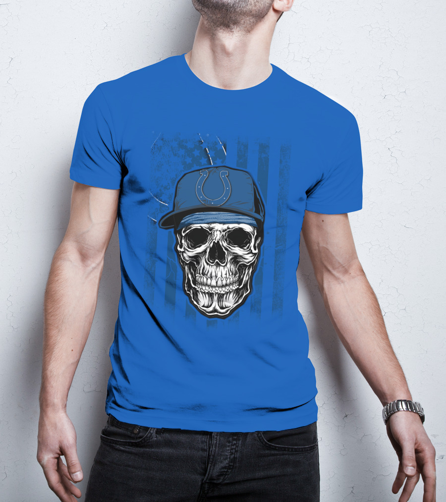 Skull Indianapolis Colts Blue Cap American Flag Background T-Shirt