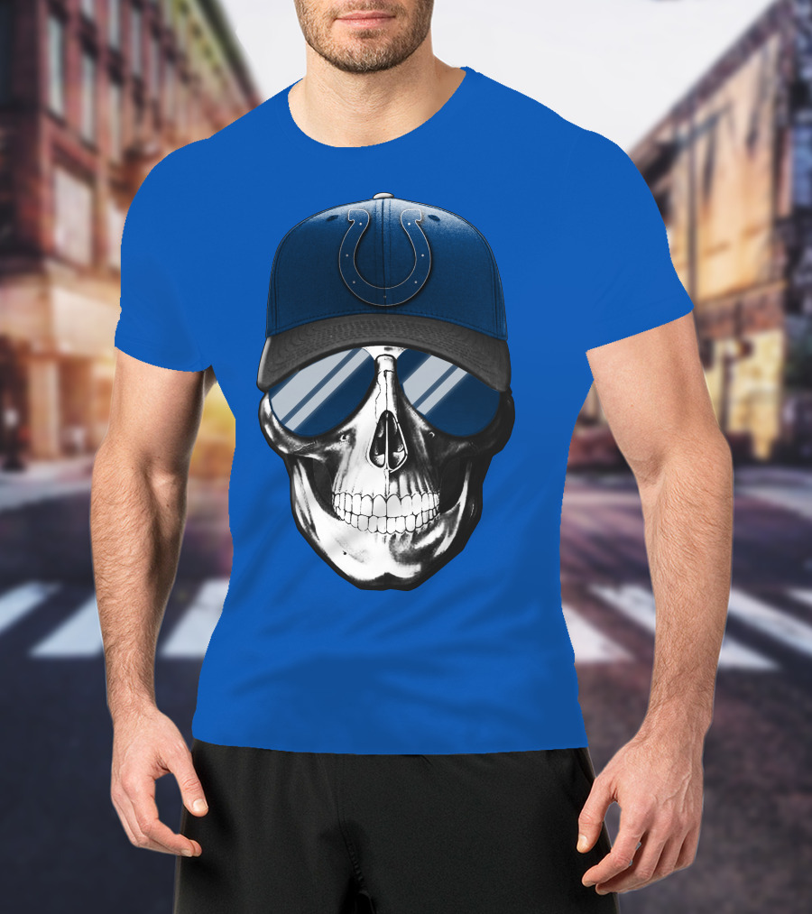Skull Wearing Indianapolis Colts Cap With Sunglasses T-Shirt