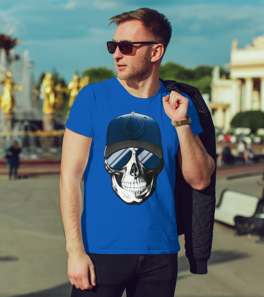 Skull Wearing Indianapolis Colts Cap With Sunglasses T-Shirt