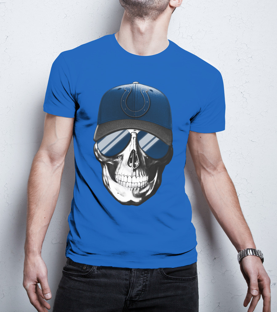Skull Wearing Indianapolis Colts Cap With Sunglasses T-Shirt