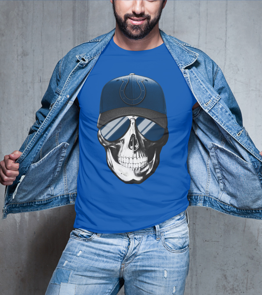 Skull Wearing Indianapolis Colts Cap With Sunglasses T-Shirt