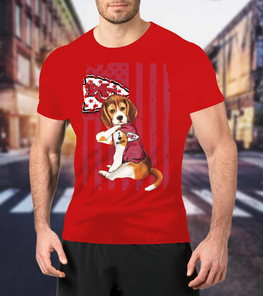 Beagle I Love Mom Kansas City Chiefs Fan Tattoo Football American Flag T-Shirt