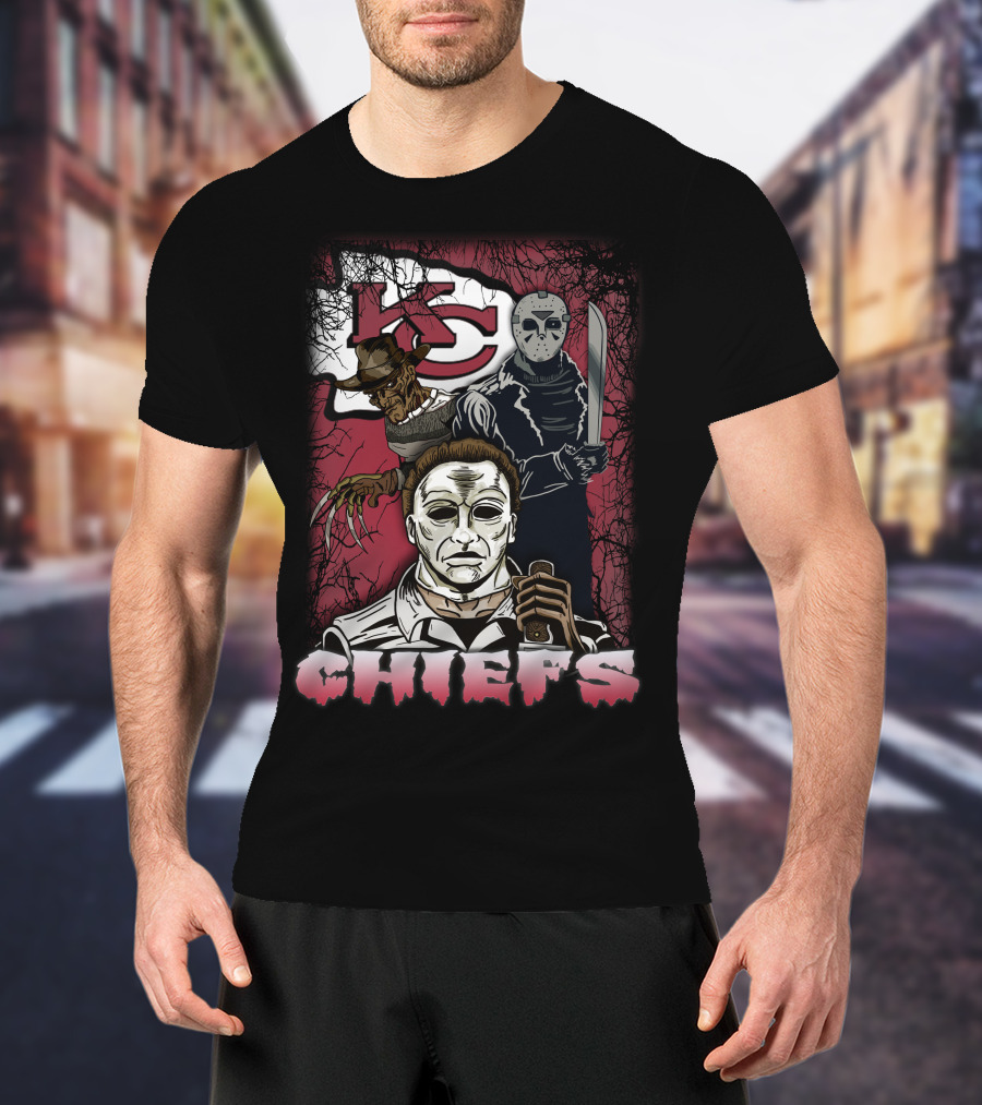 Kc Chiefs Horror Movie Crossover Featuring Iconic Villains T-Shirt