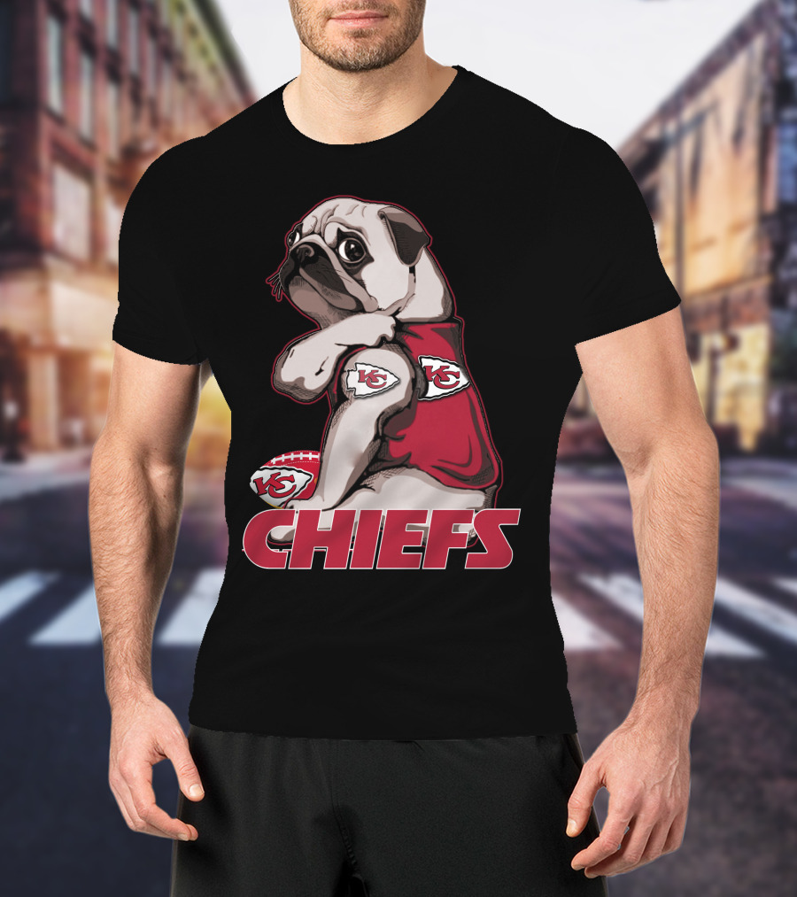Pug Wearing Kansas City Chiefs Jersey With Football T-Shirt