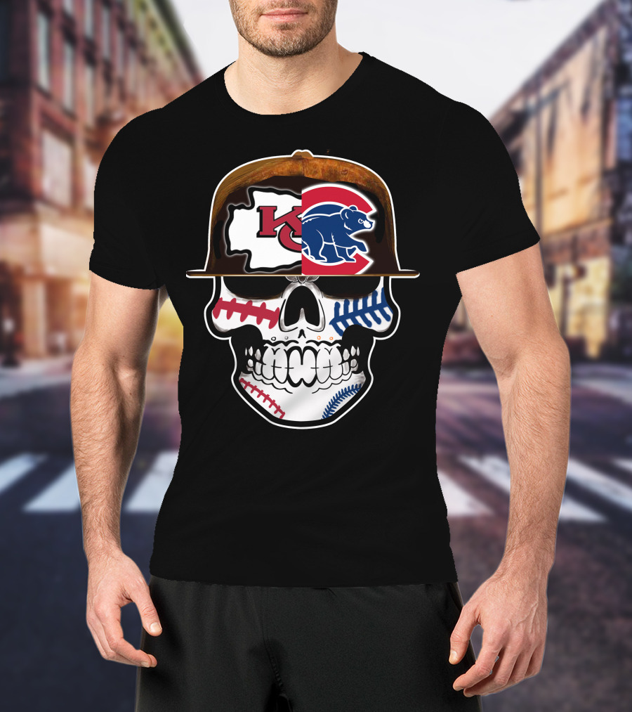 Kansas City Chiefs Chicago Cubs Skull Baseball Football Fusion T-Shirt