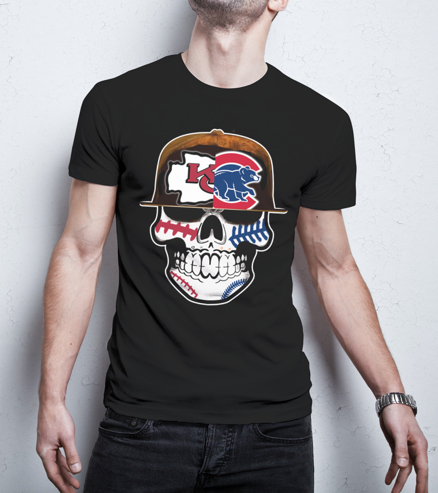 Kansas City Chiefs Chicago Cubs Skull Baseball Football Fusion T-Shirt