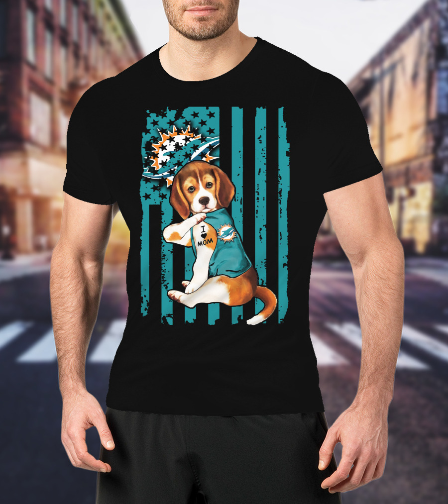 Beagle I Love Mom Miami Dolphins Football Flag T-Shirt