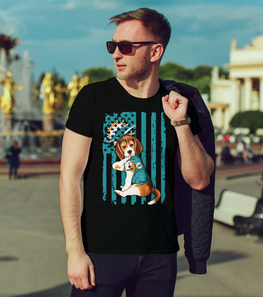 Beagle I Love Mom Miami Dolphins Football Flag T-Shirt