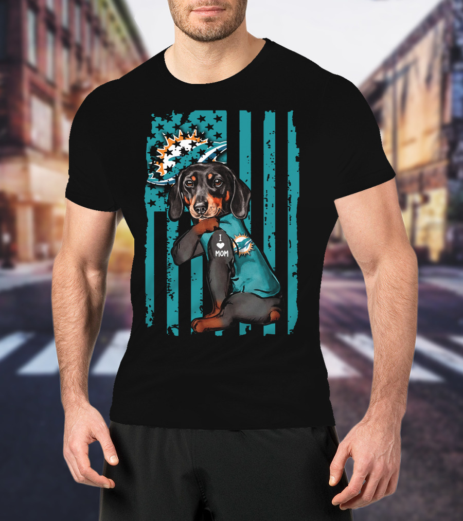 Dachshund I Love Mom Miami Dolphins Nfl Team Fan Dog And Flag T-Shirt