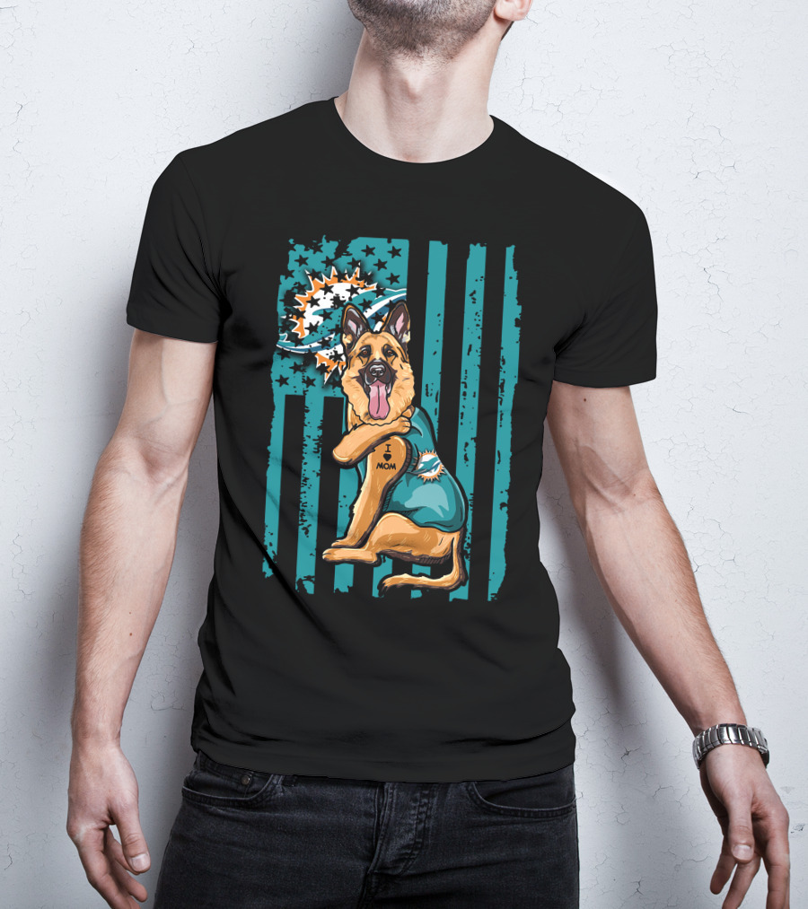 German Shepherd Miami Dolphins I Love Mom Flag T-Shirt