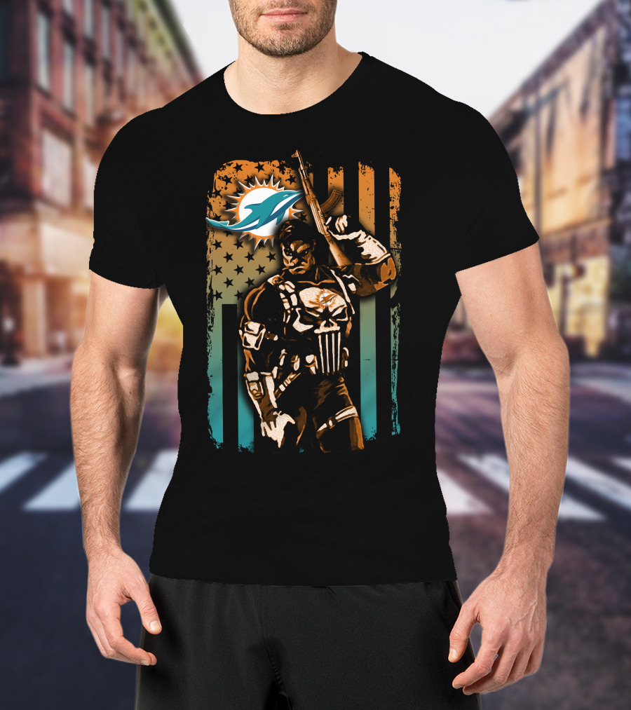 Miami Dolphins 48 Punisher Stars Stripes Crossover T-Shirt