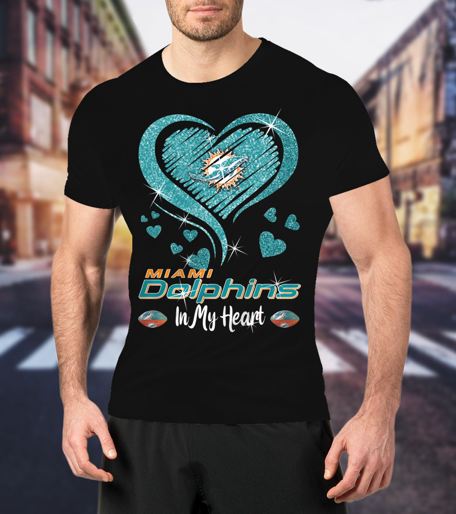 Miami Dolphins In My Heart Sparkling Teal Design With Logo And Hearts T-Shirt