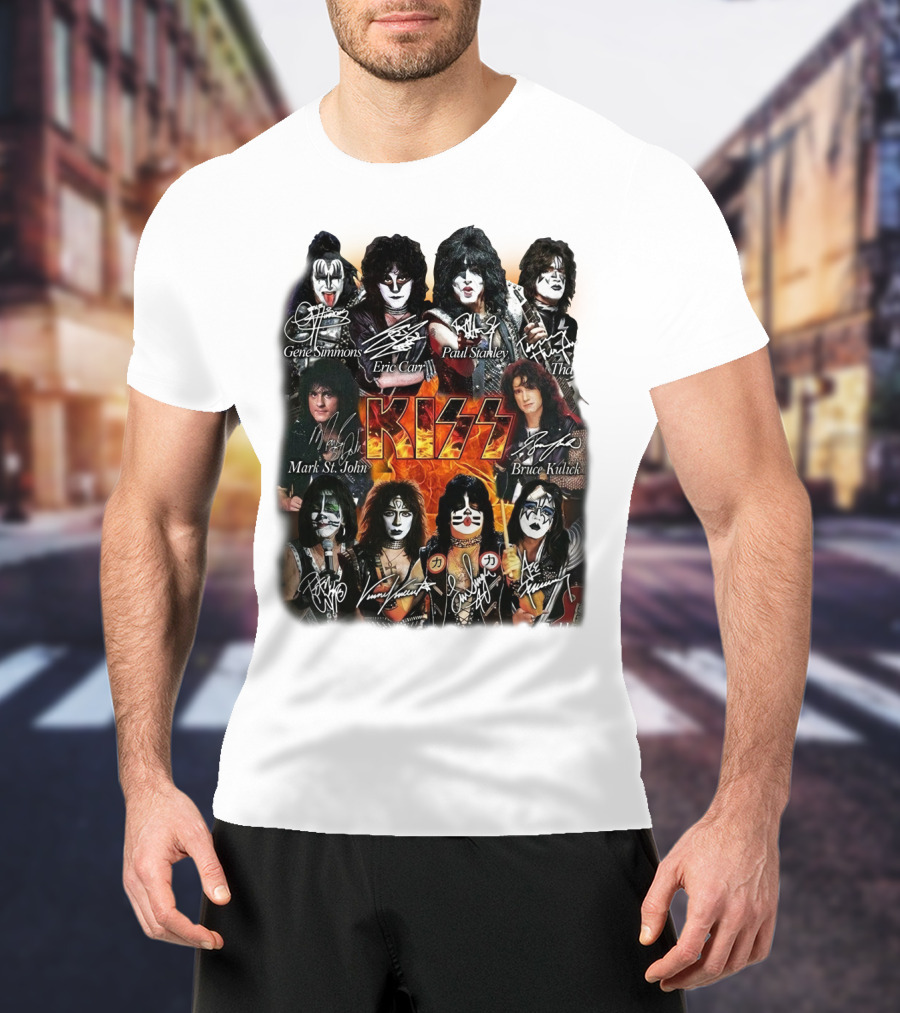 Kiss Band Members Gene Simmons Paul Stanley Peter Criss Ace Frehley Eric Carr Vinnie Vincent Mark St. John Bruce Kulick Eric Singer Thayer Signatures T-Shirt