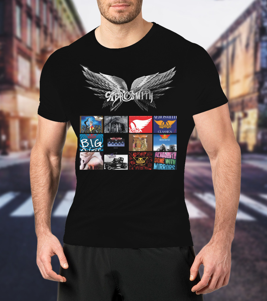 Aerosmith Wings Logo With Album Covers Collection Classics Big Ones Permanent Vacation Pump Done With Mirrors T-Shirt