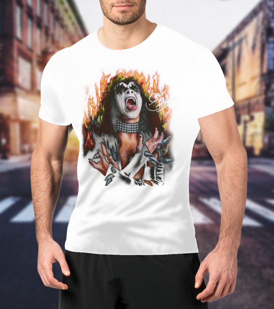 Gene Simmons Demon Makeup Fire Background T-Shirt