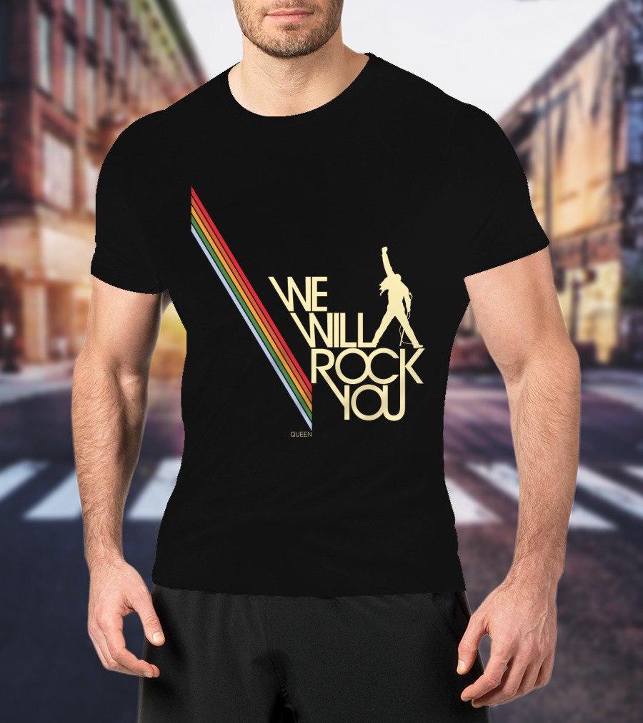 Queen We Will Rock You Silhouette Logo Rainbow Stripes T-Shirt